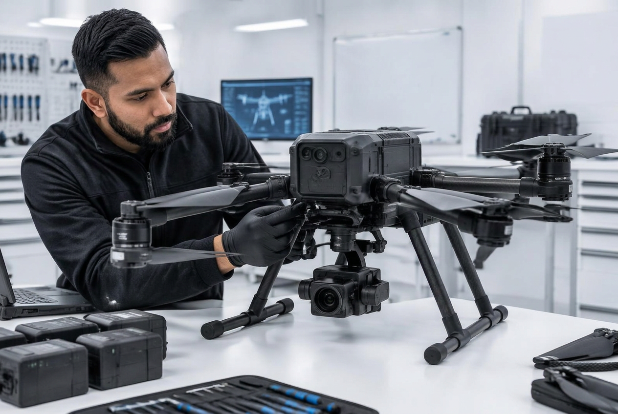 Technician inspecting an enterprise drone on a workbench